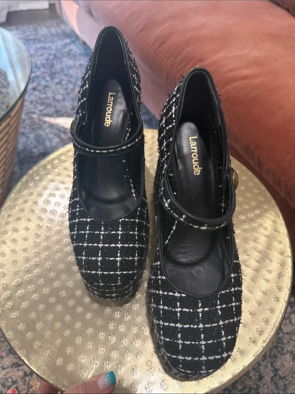 Larroude Black and White Tweed Mary Jane Platform Pumps